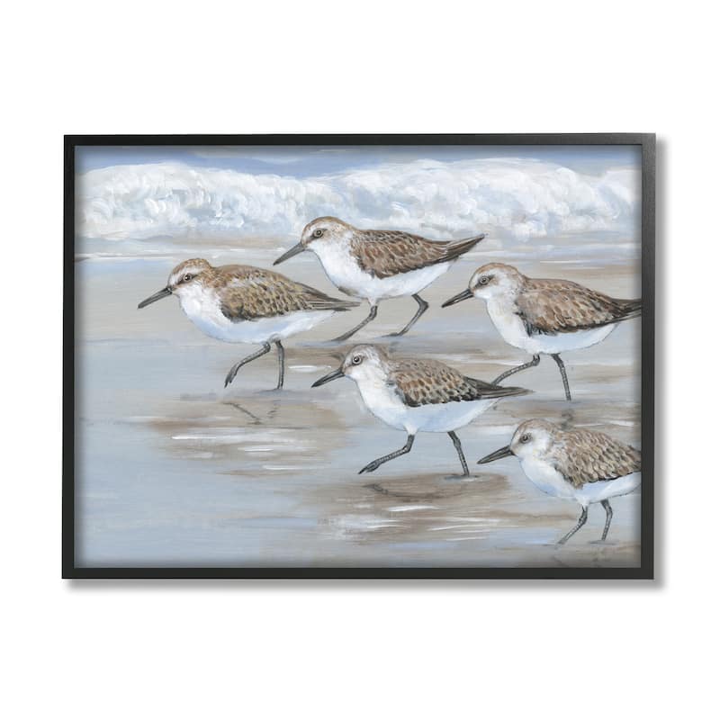 Stupell Sandpiper Bird Flock Marching Beach Coast Waves Framed Wall Art - Blue