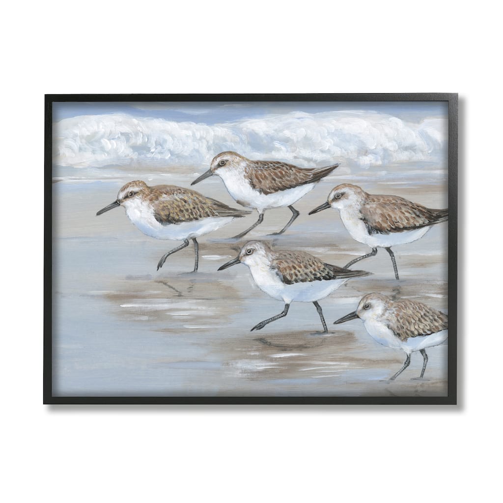 Stupell Sandpiper Bird Flock Marching Beach Coast Waves Framed Wall Art - Blue