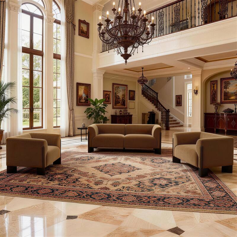 Mid-Century Tuxedo Arm Roomy Barrel Chair Oversized Loveseat Sofa - Orange-Velvet - Set