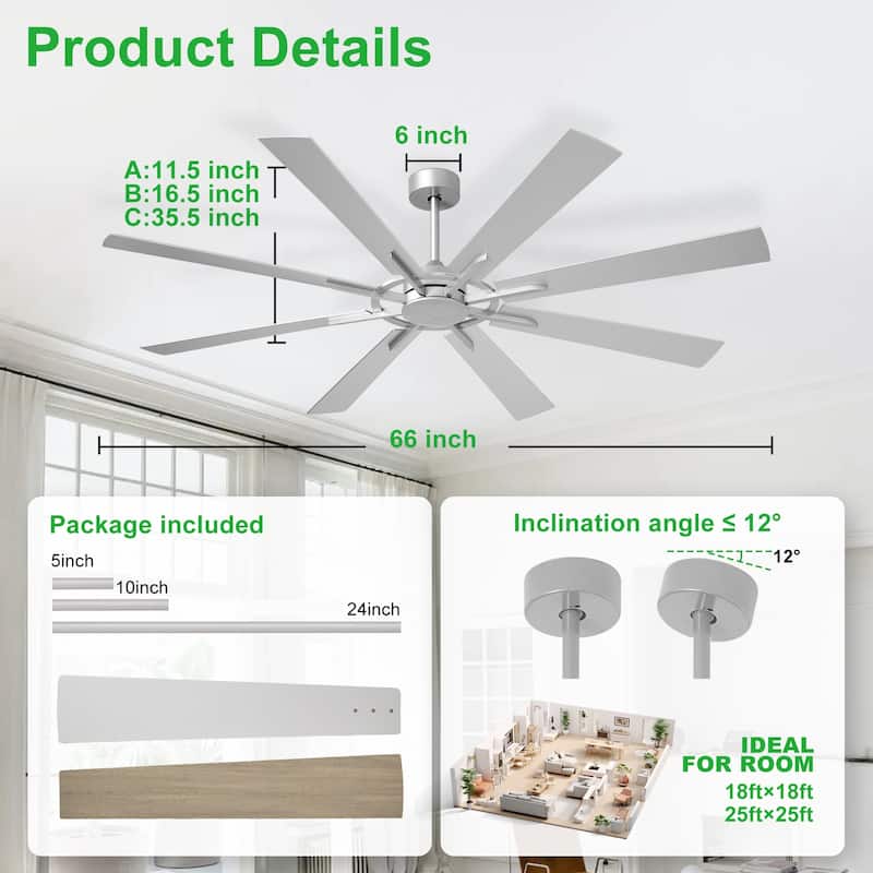 72" large Ceiling Fan for Farmhouse: without Light 8 Blades 5-Speed Timer - with Remote for Big Indoor Outdoor Covered Patio