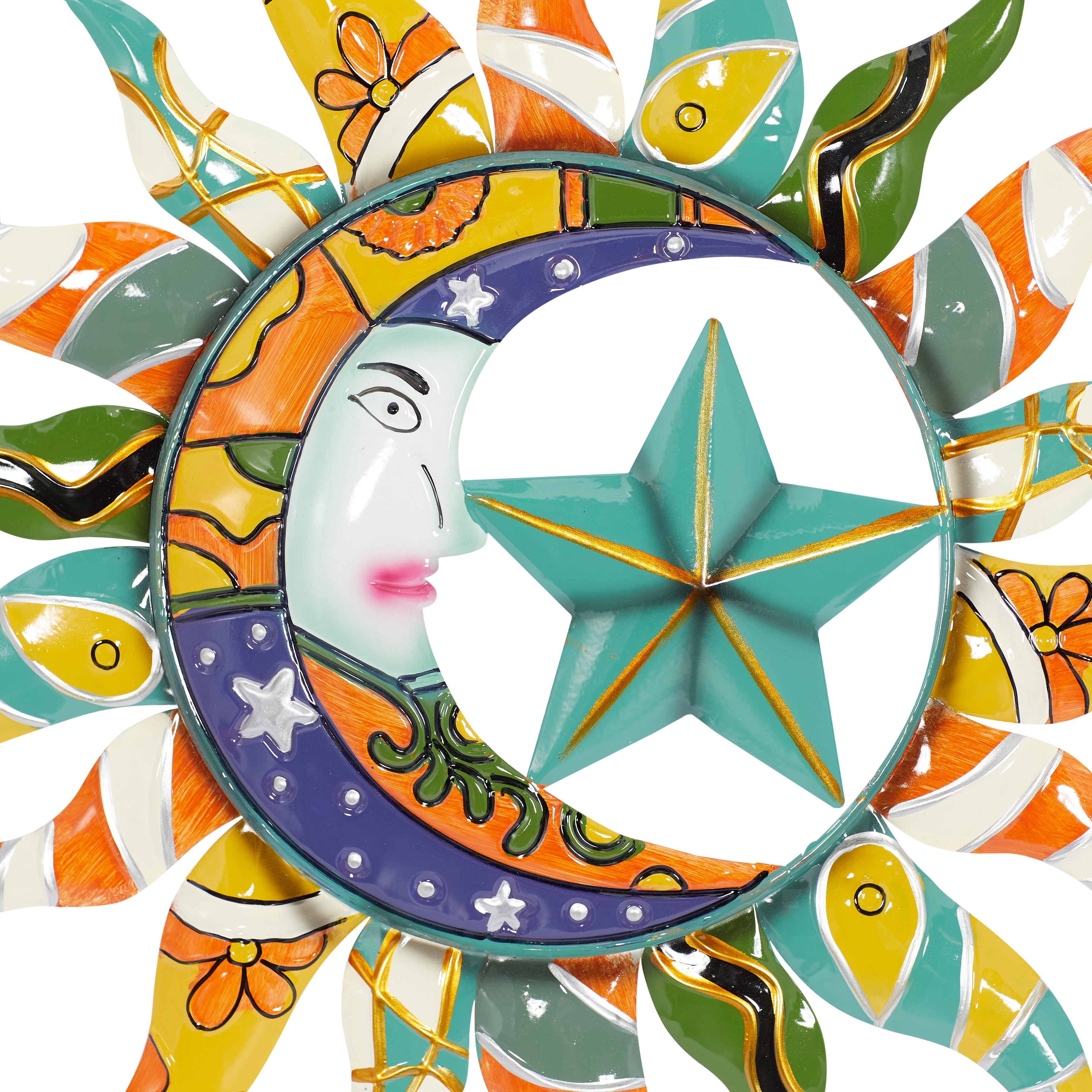 Multi Color Metal Eclectic Whimsical Celestial Sun Art Wall Sculpture