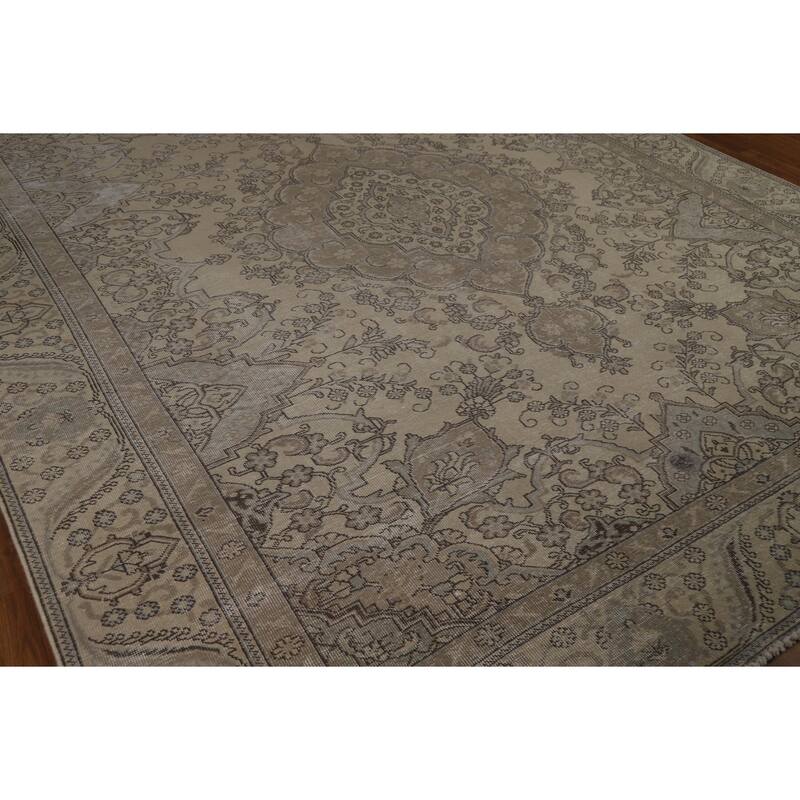 Traditional Tabriz Persian Vintage Rug Handmade Beige Wool Carpet - 9'7" x 12'1"