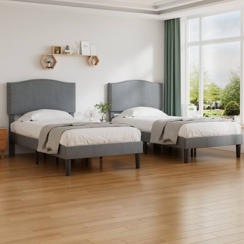 VCCELO 2-Pack Twin Size Bed Frame with Adjustable Headboard Noise-Free Twin Size Bed Set of 2 for Kids Room Dorm Apartments