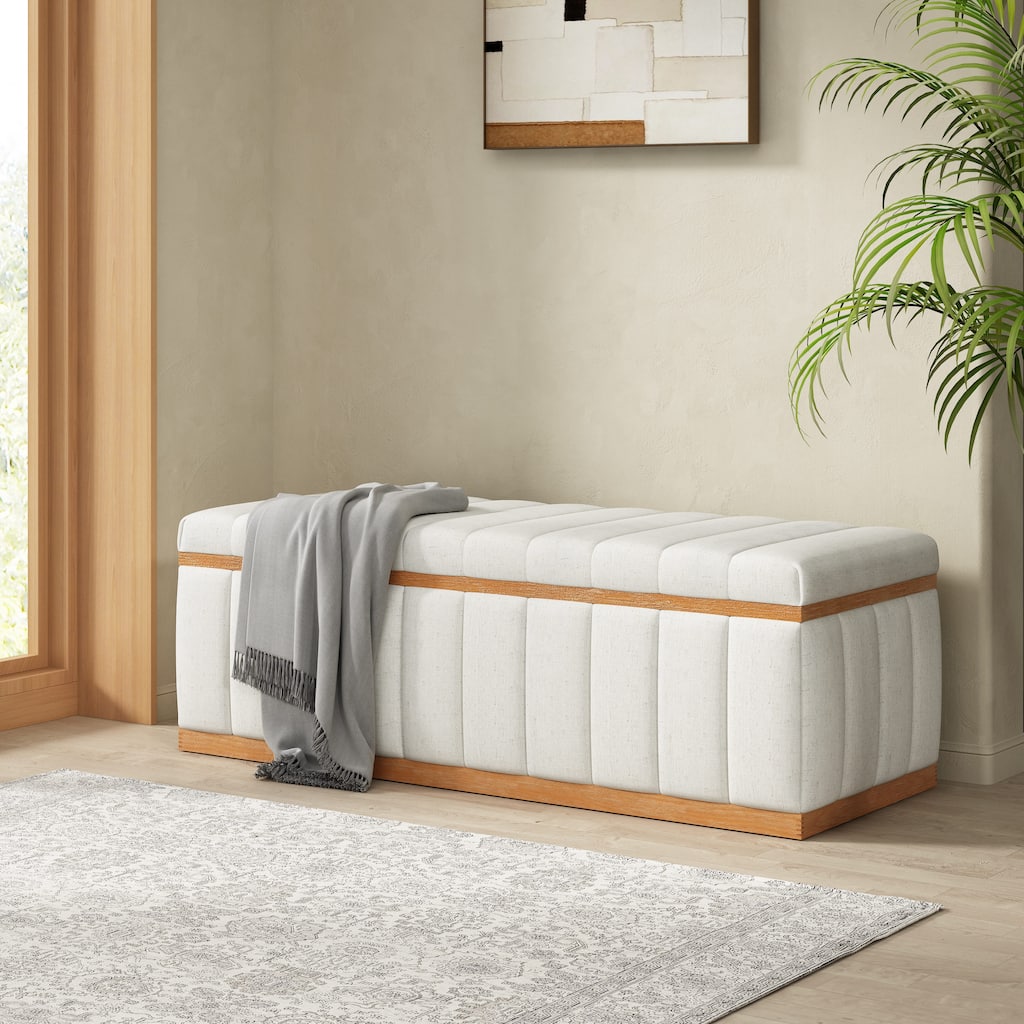 Christopher Knight Home - Beige Performance Fabric Upholstered Storage Bench with Wood Frame