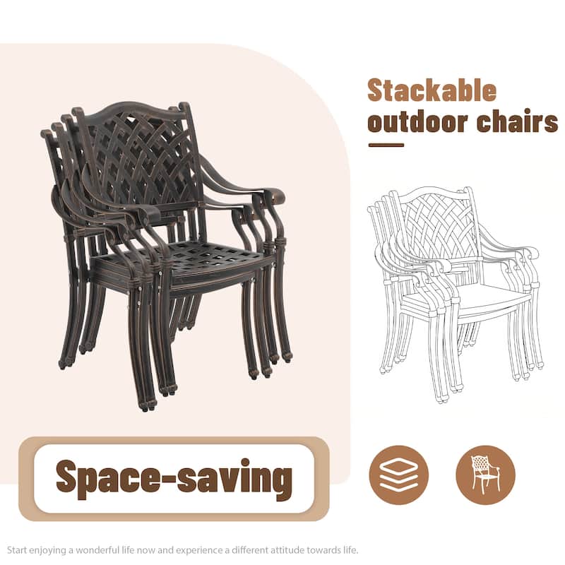Outdoor Dining Chairs Bronze Cast Aluminum French European Inspired Design with Cushion Set of 2