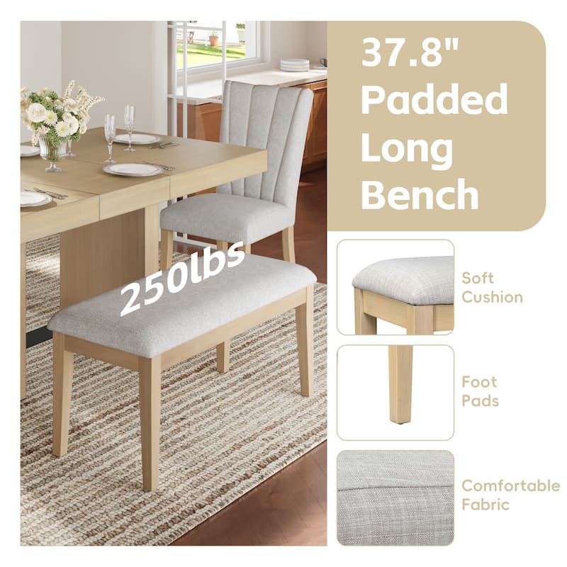 Farmhouse 78.1" Expandable Dining Set‌ – Includes Bench & 4 Upholstered Chairs, 3.8" Thick Tabletop with Trestle Base.