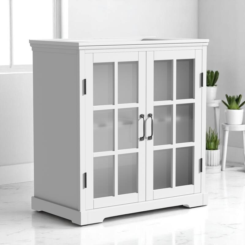 30" Bathroom Vanity with Ceramic Sink, Tempered Blurred Glass Doors,Adjustable Shelf, Freestanding Cabinet (Faucet Not Included)