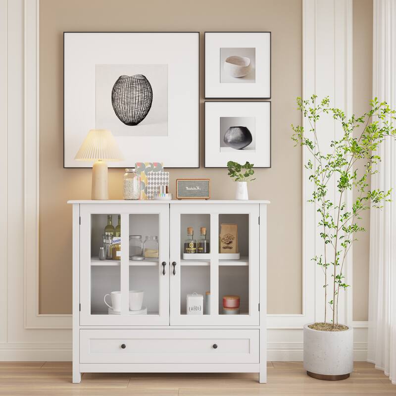 Buffet storage cabinet with double glass doors and unique bell handle - 39.37"W