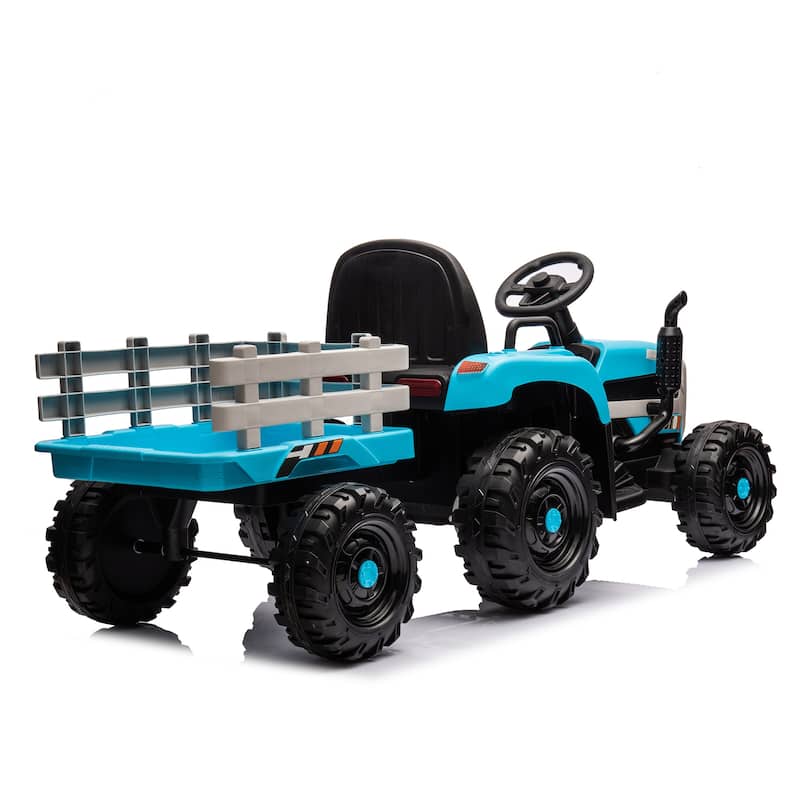 Ride on Tractor with Trailer, 24V Blue Battery Powered Electric Tractor Toy, Electric Vehicle for Kids with 3 Speeds
