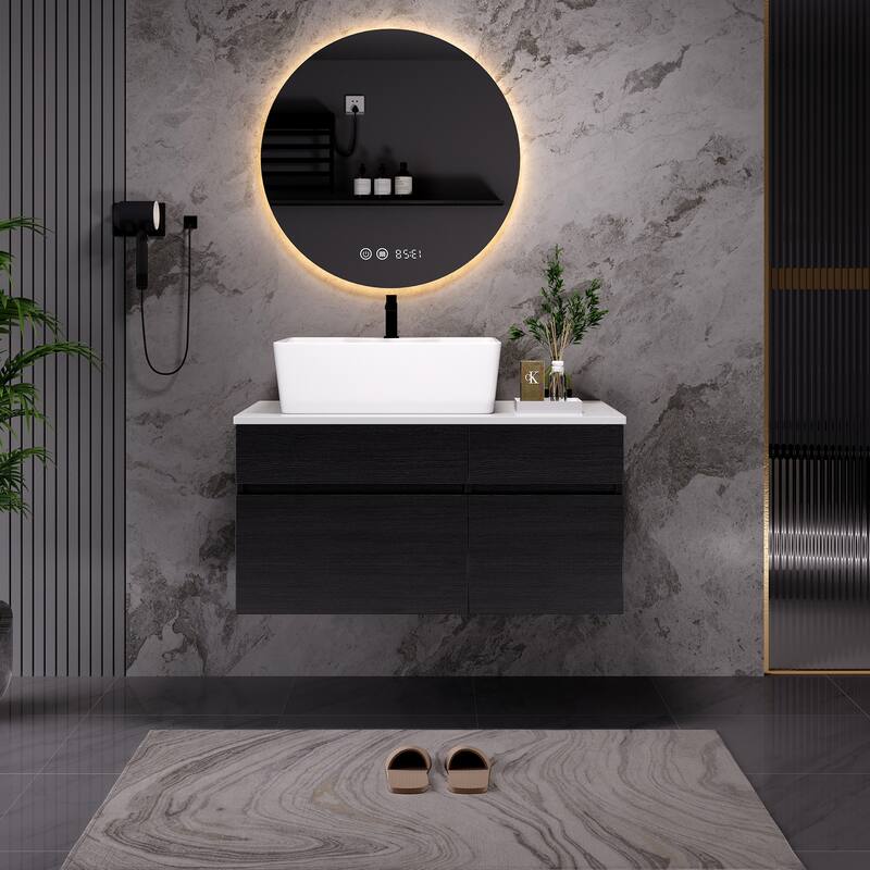 GDFStudio - Modern 31.5" Floating Wall-Mounted Bathroom Vanity with Vessel Sink, Soft-Close Drawer & Double Door Storage - Black+White
