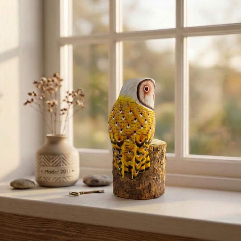 Wooden Hand Carved Yellow Barn Owl Standing on Log Statue Bird Figurine Sculpture Art Home Decor Handcrafted Decoration Handmade