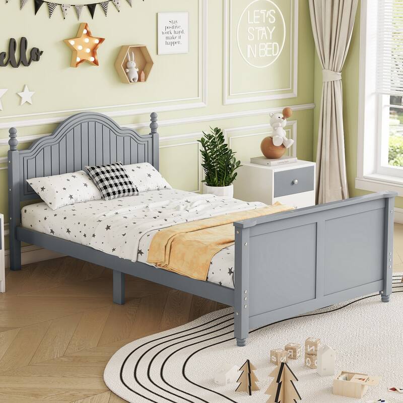 Gray Twin Size Wood Platform Bed with Headboard and Footboard for Kids, Low Profile Design with Safety Guardrails
