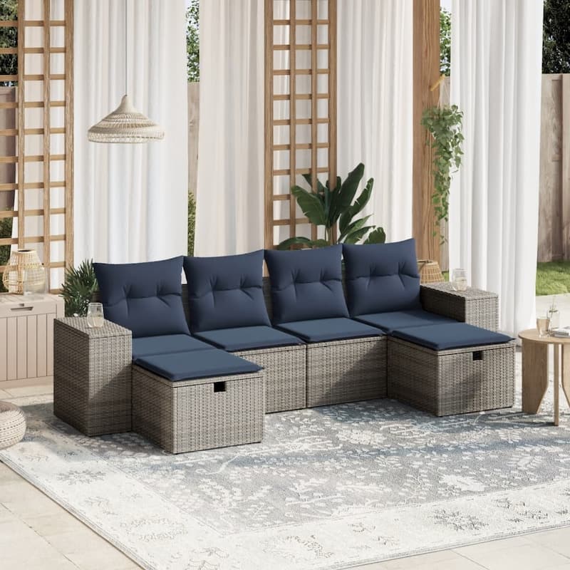 vidaXL Patio Sofa Set with Cushions Outdoor Furniture 6 Piece Poly Rattan - 21.7" x 24.4" x 27.2" - Gray