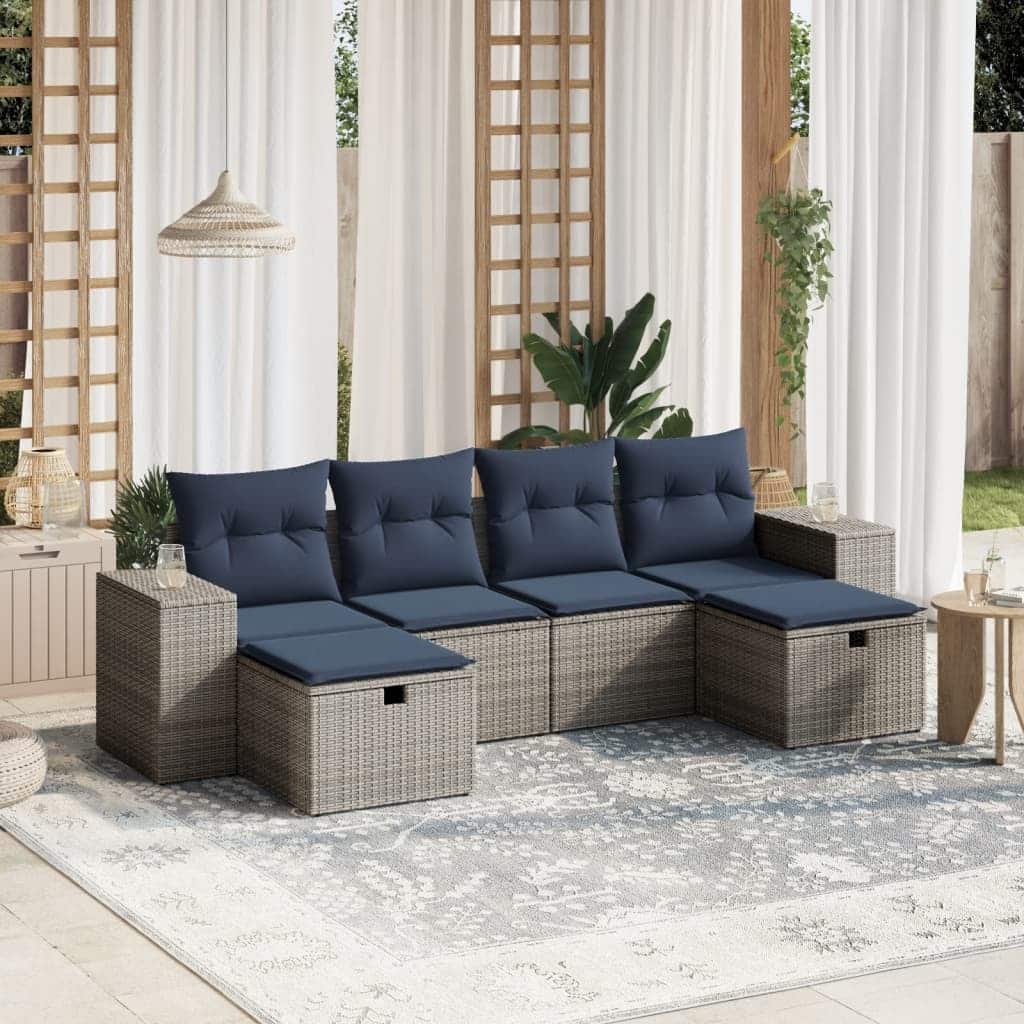 vidaXL Patio Sofa Set with Cushions Outdoor Furniture 6 Piece Poly Rattan - 21.7" x 24.4" x 27.2"