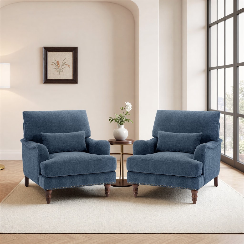 Chenille Accent Chairs with Lumbar Pillows Nailhead (Set of 2)