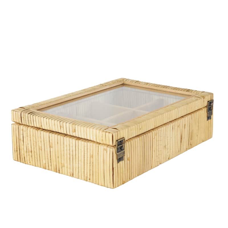 Rattan Handmade Wrapped 6 Slot Decorative Jewelry Box with Tempered Glass Top - Brown - Roche River Decor