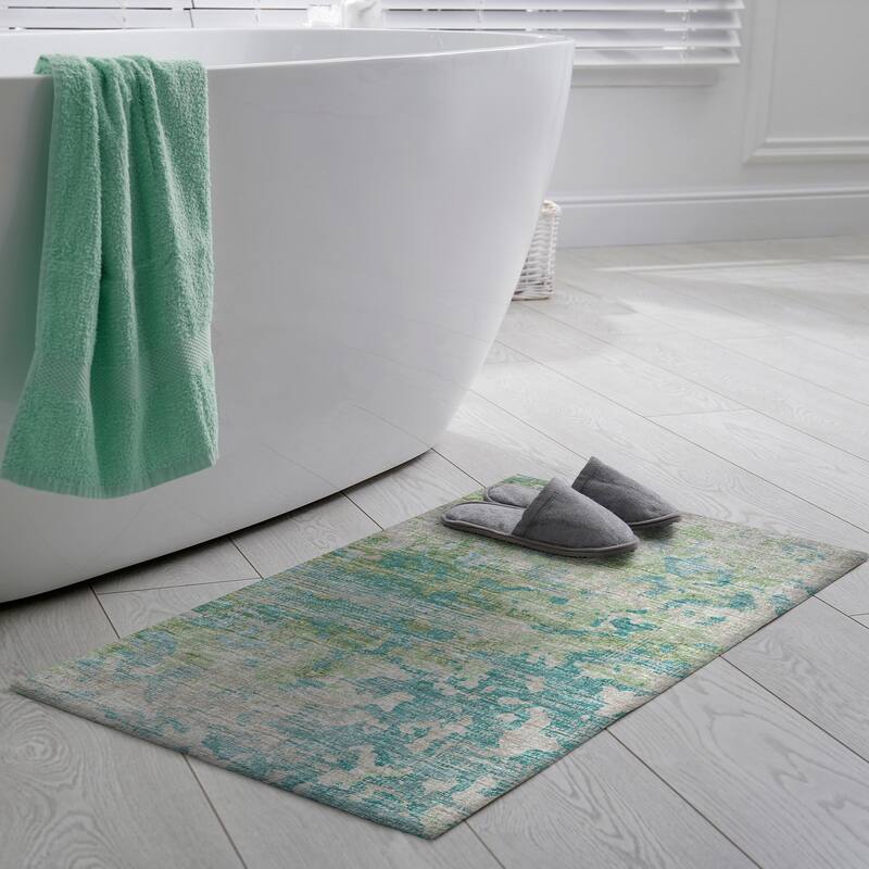 Indoor/ Outdoor Accord Modern Abstract Polyester Washable Rug New - 1'8" x 2'6" - Teal Green Taupe