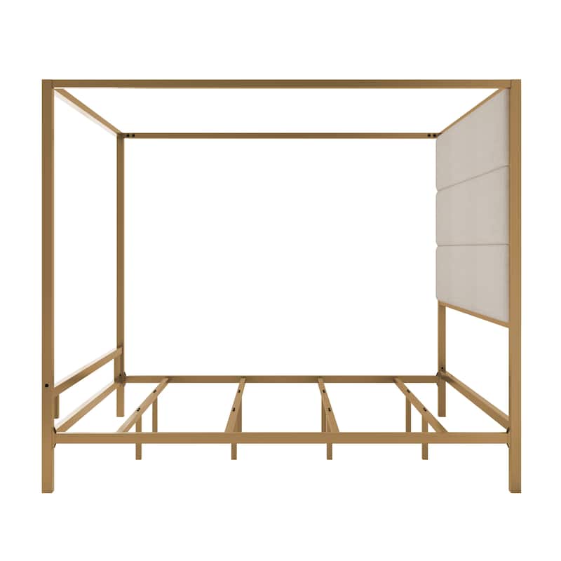 Modern Platform Canopy Bed with Wingback Upholstered Headboard and Metal 4-poster Bed Frame, Box Spring Needed Low Profile Bed