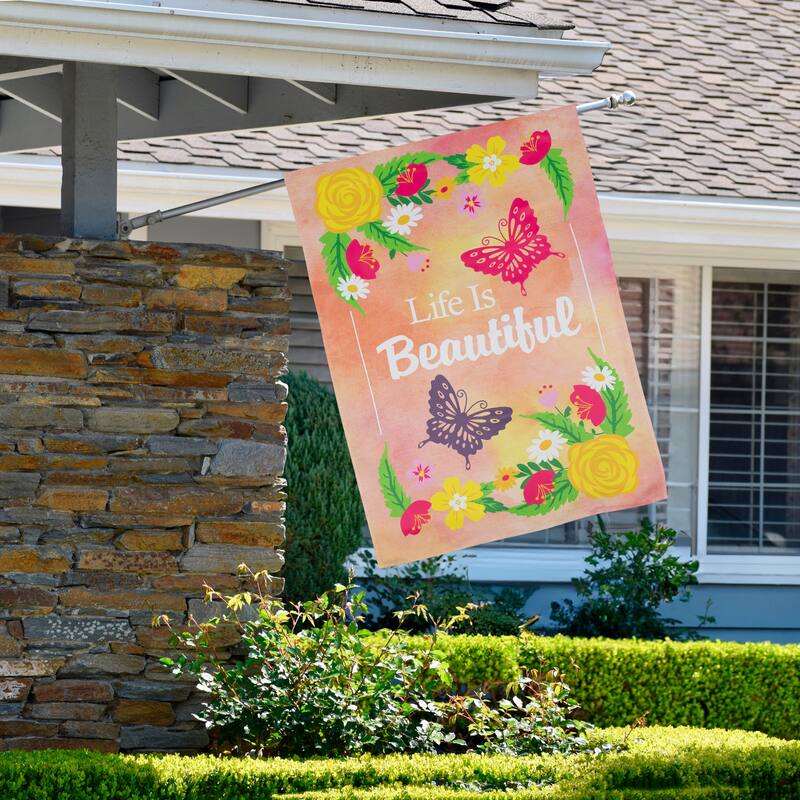 Life is Beautiful Pink Floral Outdoor House Flag 28" x 40"