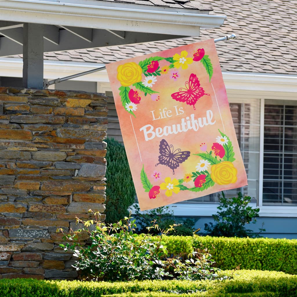 Life is Beautiful Pink Floral Outdoor House Flag 28" x 40"