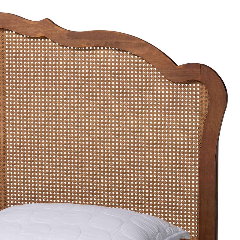 Aithan Mid-Century Walnut Brown Wood and Rattan Platform Bed