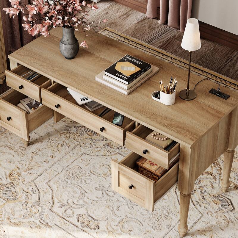 56'' Farmhouse Executive Desk with Drawers White/Oak - 5 Drawers and 2 Doors