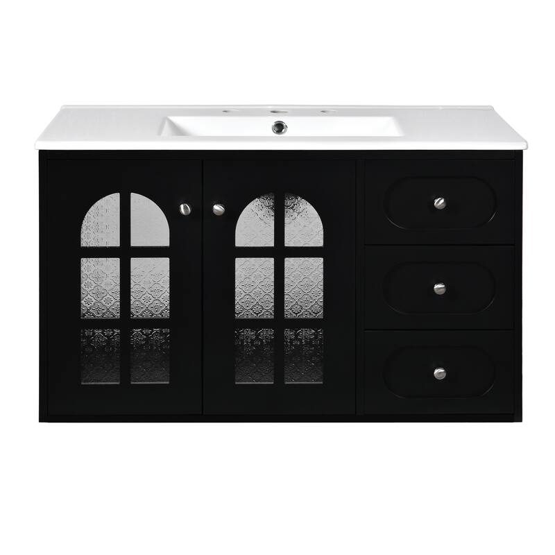 Floating Bathroom Vanity Black Wall Cabinet with Basin Sink Platform, Hazy Embossed Glass Doors, 3 Drawers and Metal Knobs