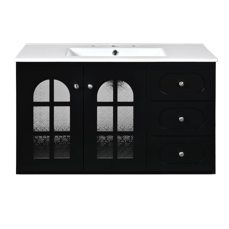 GDFStudio 36 Inch Floating Bathroom Vanity with Ceramic Sink, Wall Mounted Bathroom Cabinet with 3 Drawers