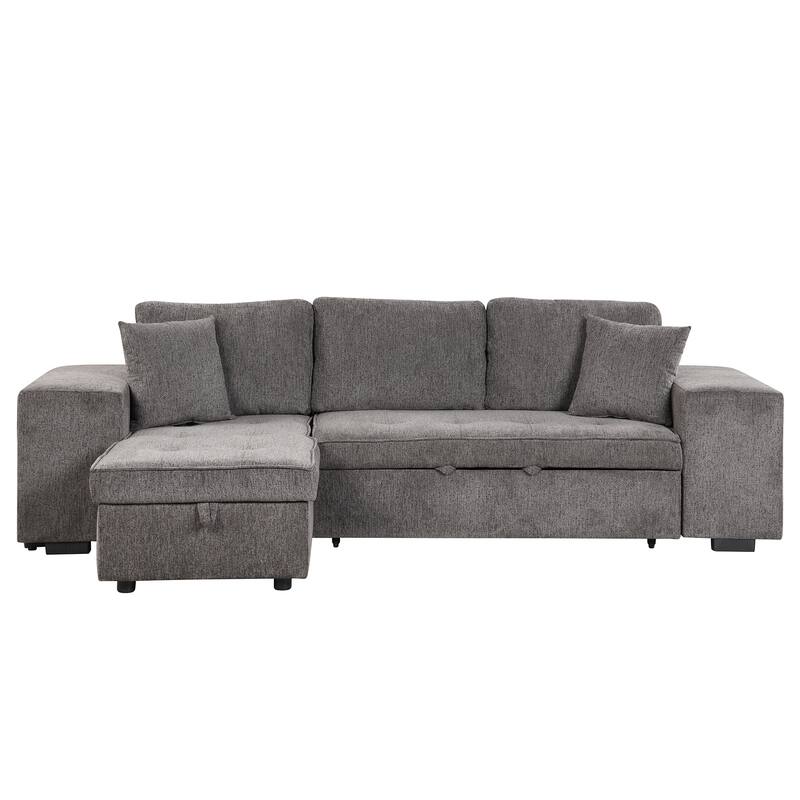 Convertible Sleeper Sectional Sofa, Reversible Sofa with Pull-Out Bed, Storage Chaise & 2 Stools, Linen Upholstered 4 Seat Sofa