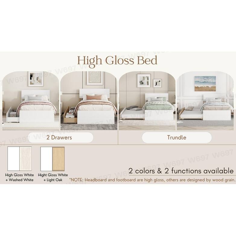 Modern Twin Bed Frame with 2 Drawers, High Gloss Headboard, Light Oak Finish