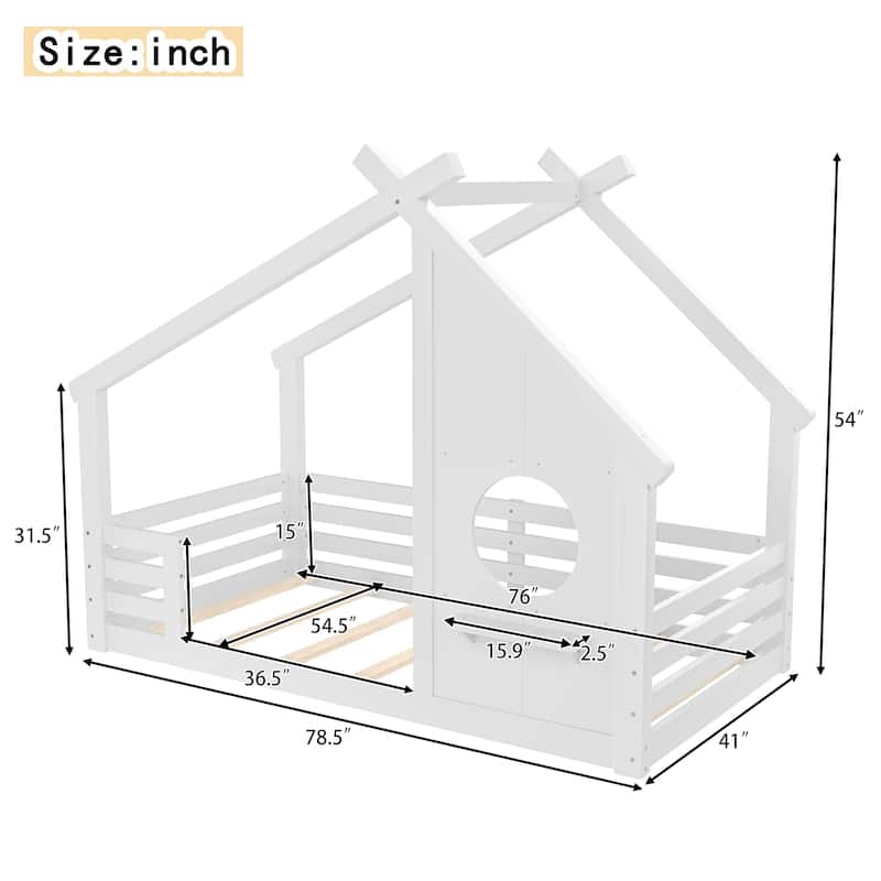 Wooden House Floor Bed, Modern Kids Montessori Playhouse Bed Frame with Window and Roof