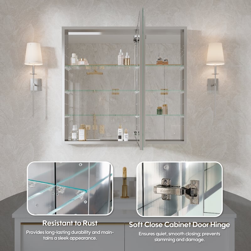 32"W X 30'H Recessed or Surface Wall Mount Bathroom Medicine Cabinet With Adjustable Glass Shelves