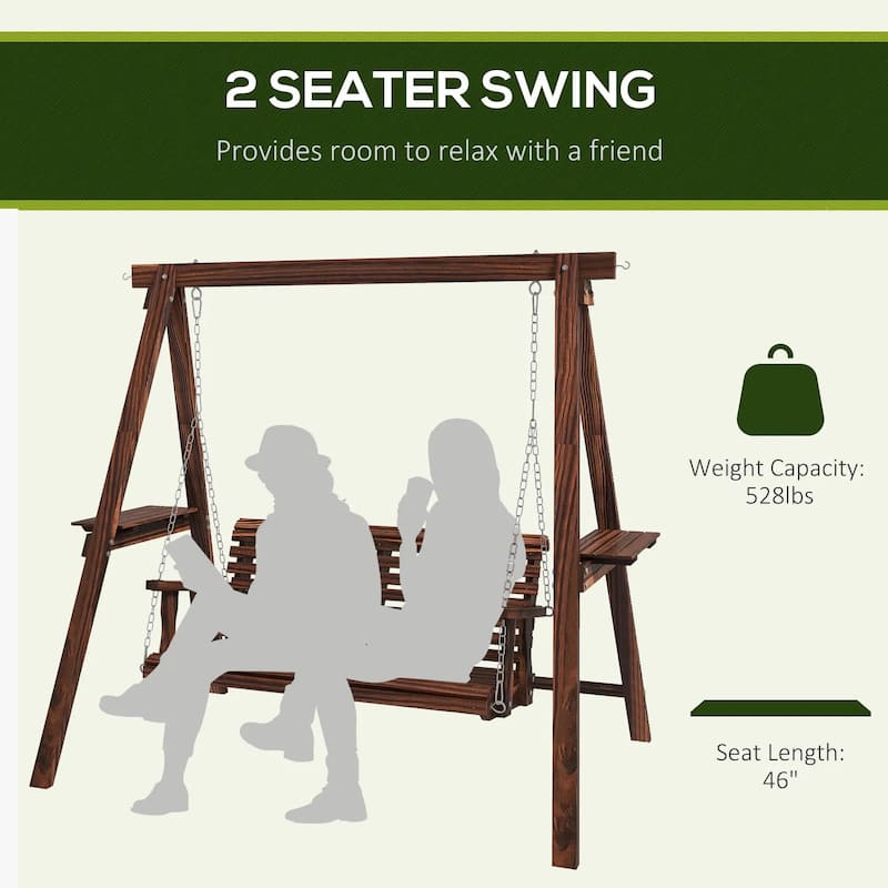 2-Seat Wooden Porch Swing, Stand, Side Tables, Metal Chains, Outdoor