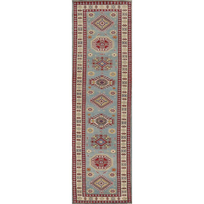 Light Blue Kazak Oriental Runner Rug Hand-Knotted Wool Carpet - 2'11" x 13'9"
