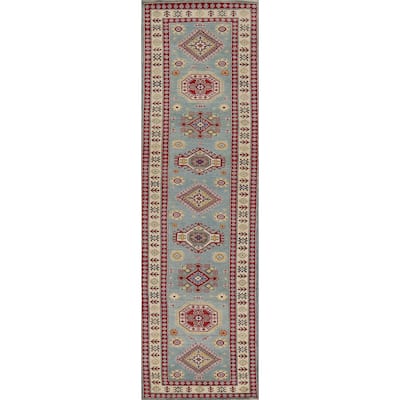 Light Blue Kazak Oriental Runner Rug Hand-Knotted Wool Carpet - 2'11" x 13'9"