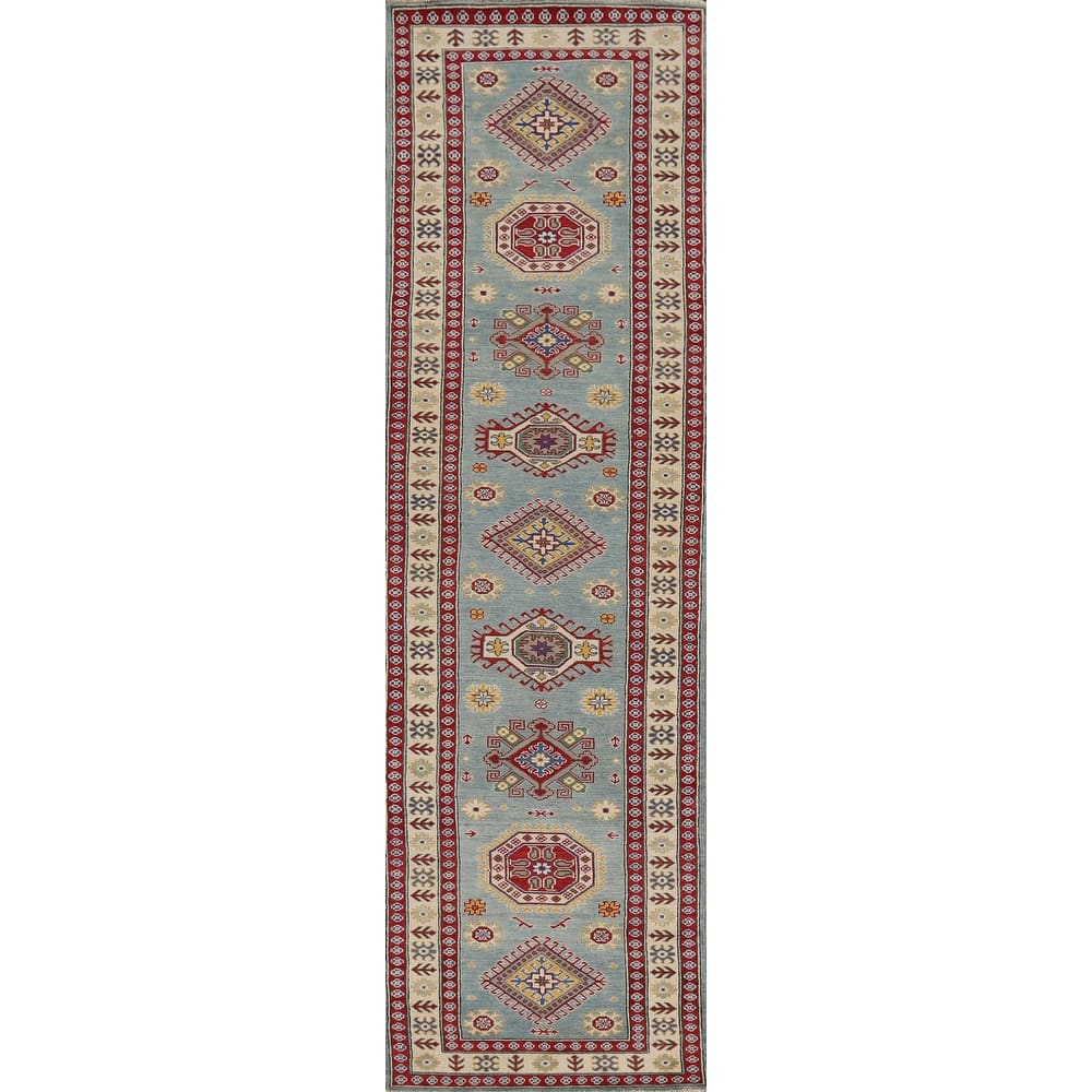 Light Blue Kazak Oriental Runner Rug Hand-Knotted Wool Carpet - 2'11" x 13'9"