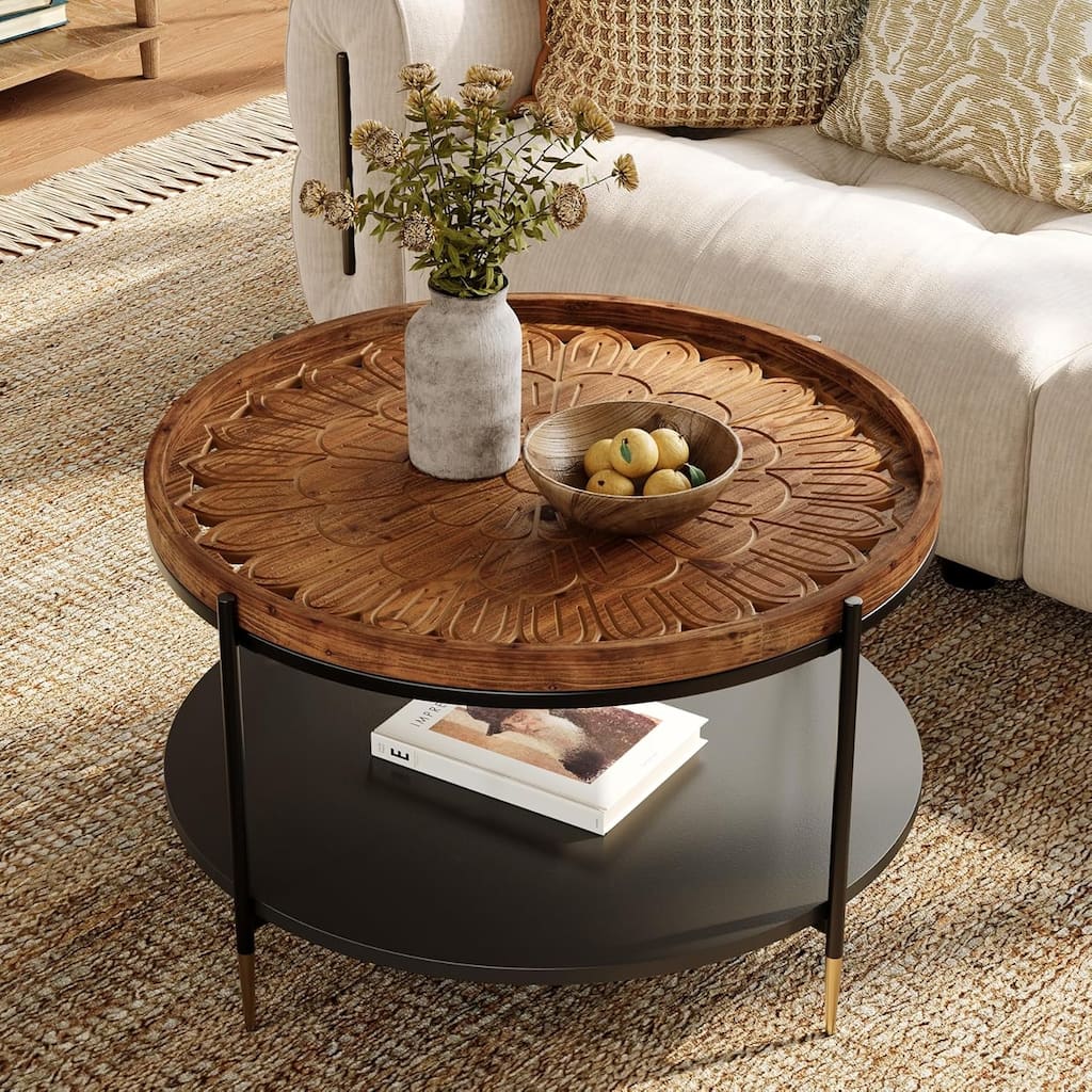 31.5-Inch Solid Wood Round Coffee Table with Metal Storage Frame & Carved Floral Pattern