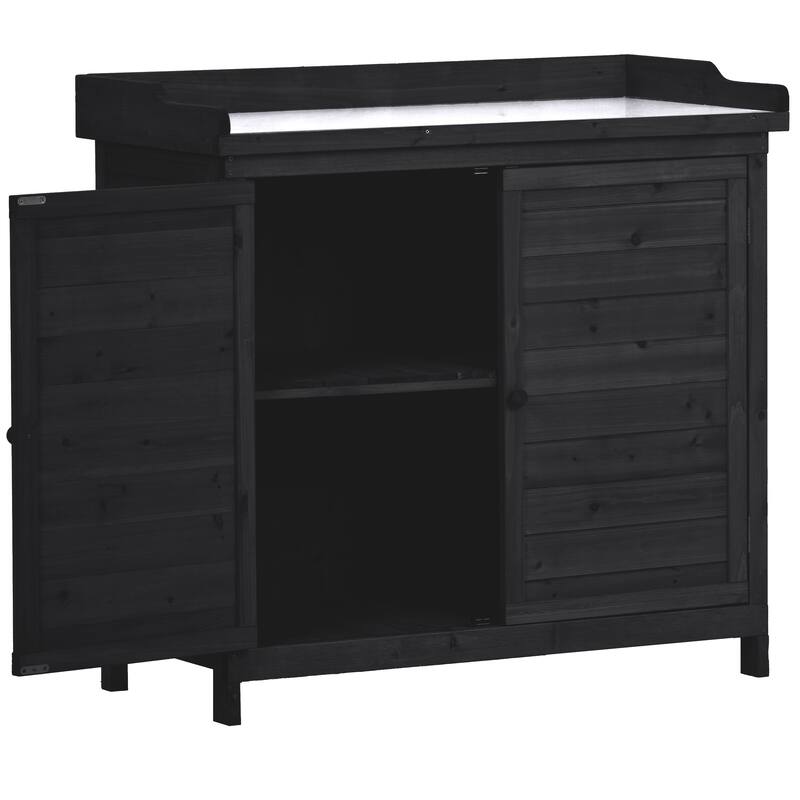 Patio Garden Potting Bench Table, Outdoor Garden Wooden Storage, Patio Workstation with 2-Tier Shelves and Side Hook
