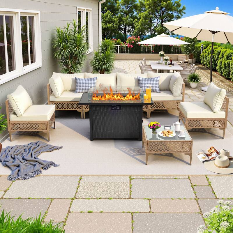 8 PCS Wicker Patio Conversation Set With Fire Table