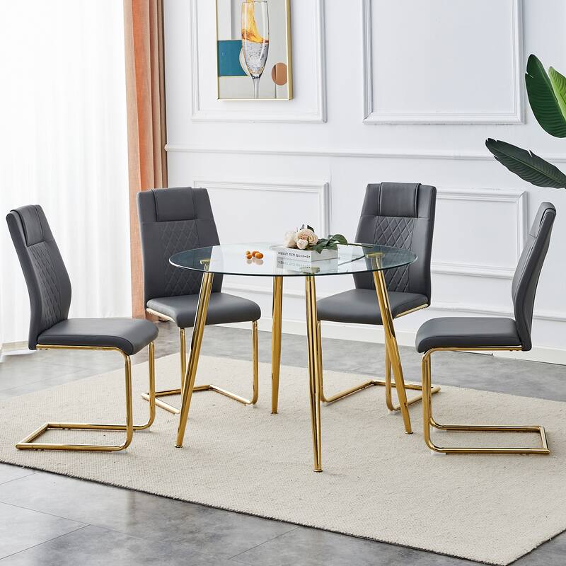 Modern 5-Piece Dining Set with Round Glass Top & 4 PU Upholstered Chairs