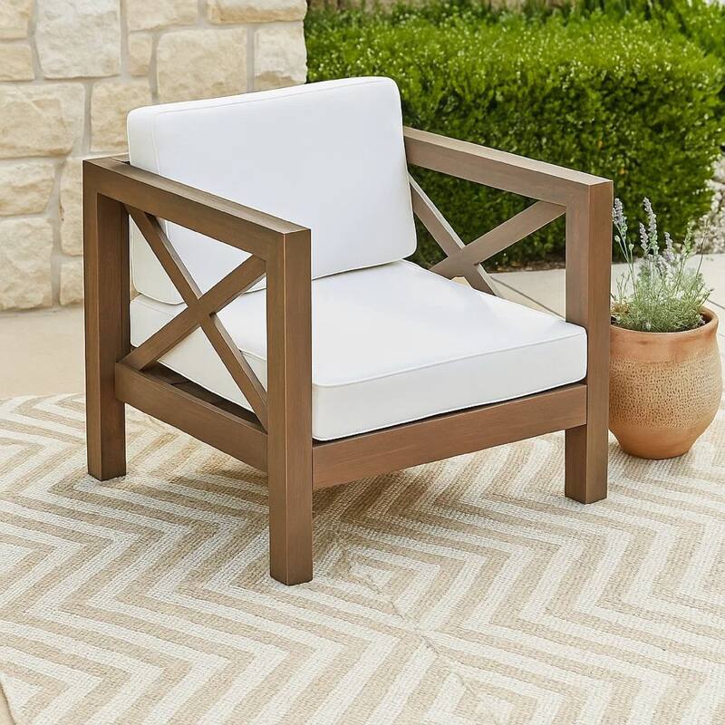 Bea Outdoor Club Chair, White Cushions, X Back Design Weathered Gray