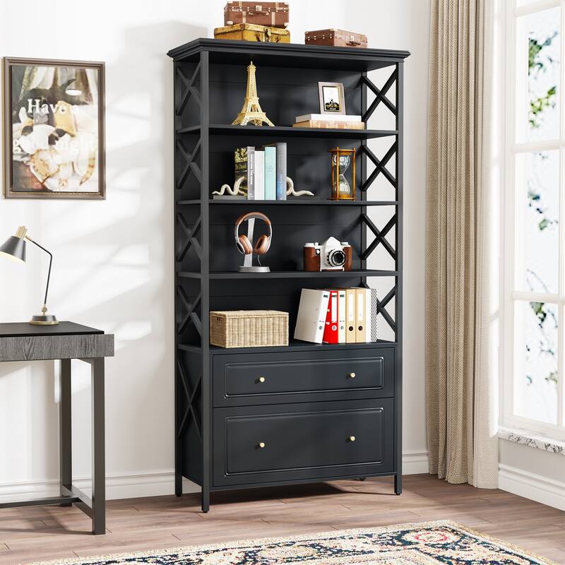 71.65 Inches Tall Bookcase Bookshelf with Drawers and Open Storage Shelves for Home Office
