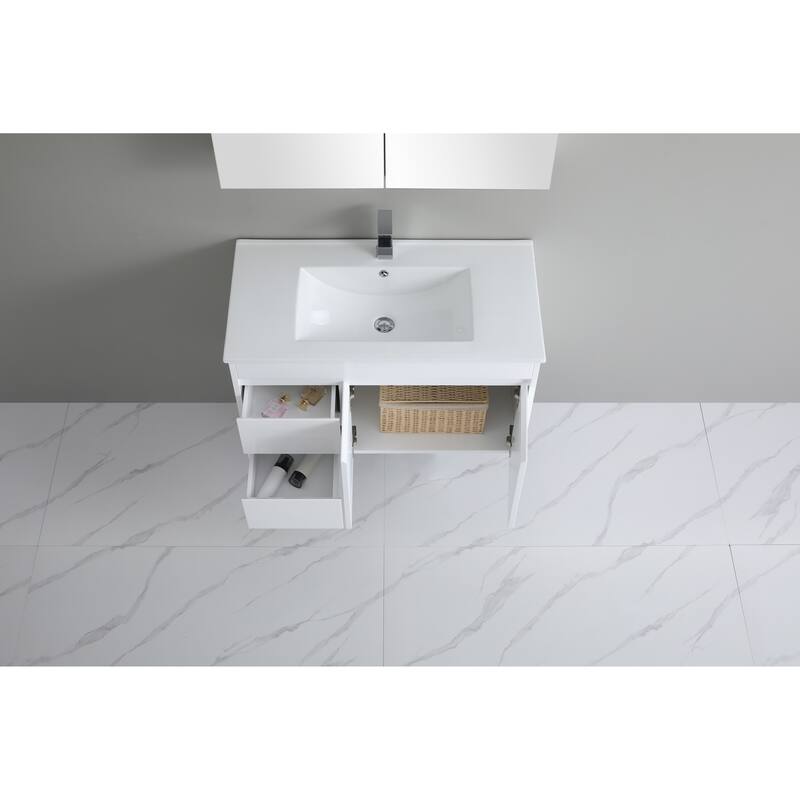 CB HOME 24"/30"/36"/48"/60" Pure White Bathroom Vanity, Floating Wall Mounted Cabinet w/ Integral Ceramic Sink Basin Countertop