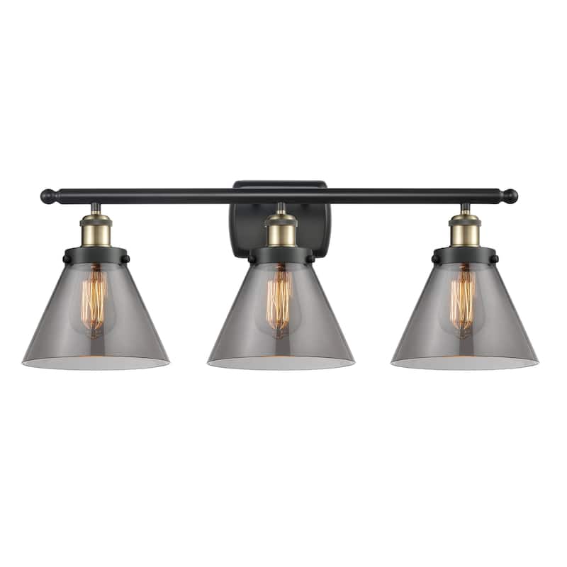 Innovations Lighting 916-3W-13-28 Cone Vanity Cone 3 Light 28" Wide - Black Antique Brass / Plated Smoke