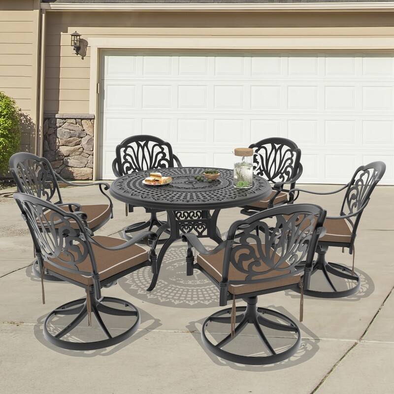 7-Piece Aluminum Round Outdoor Patio Dining Set, 6 Cushioned Swivel Chairs, Table, All-Weather Frames