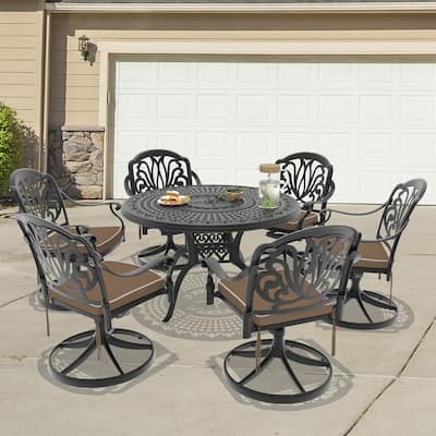 7-Piece Aluminum Round Outdoor Patio Dining Set, 6 Cushioned Swivel Chairs, Table, All-Weather Frames