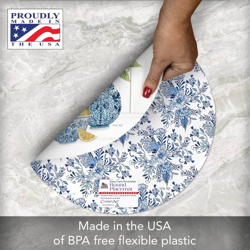 Blue & White Pottery Round Reversible Easy Care Flexible Plastic Placemat 4 Pack Made in The USA