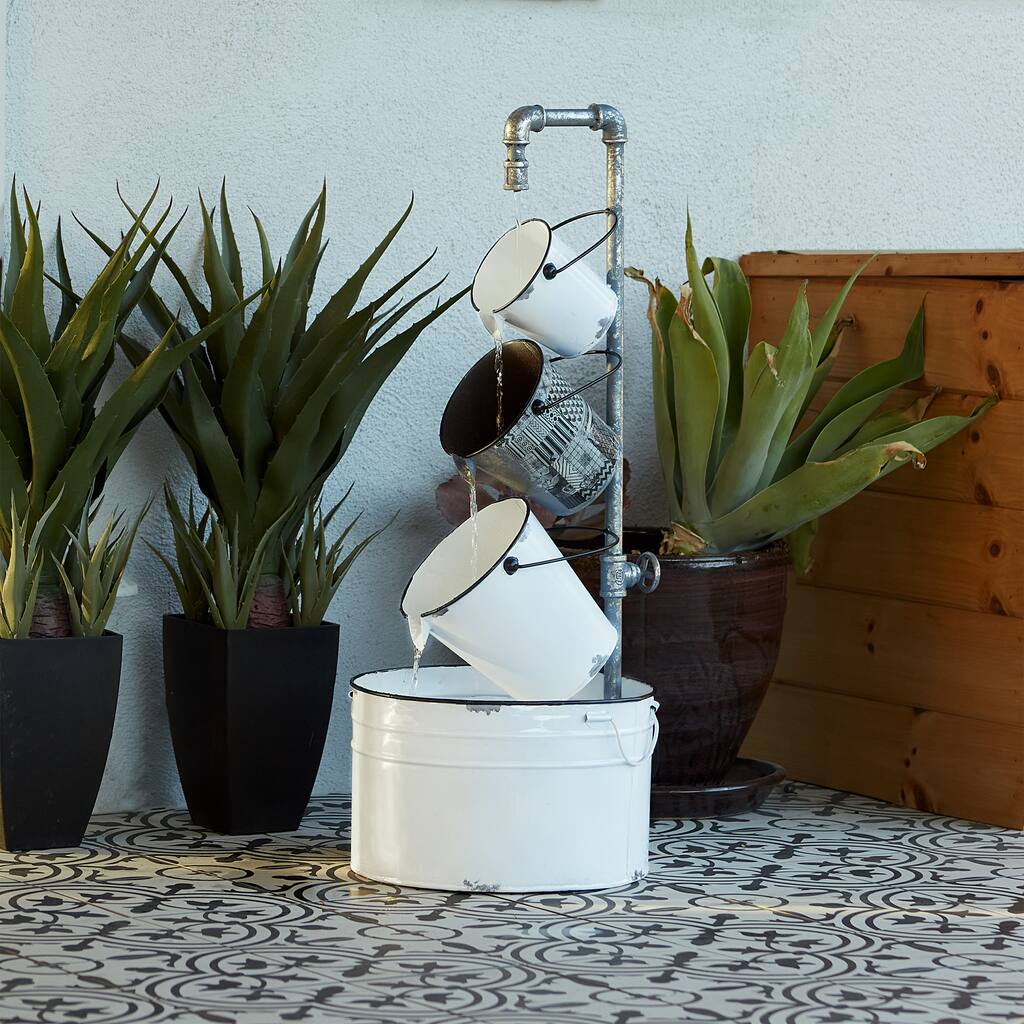 Alpine Corporation 33" Tall Rustic Metal Pails Fountain Yard Decoration, White