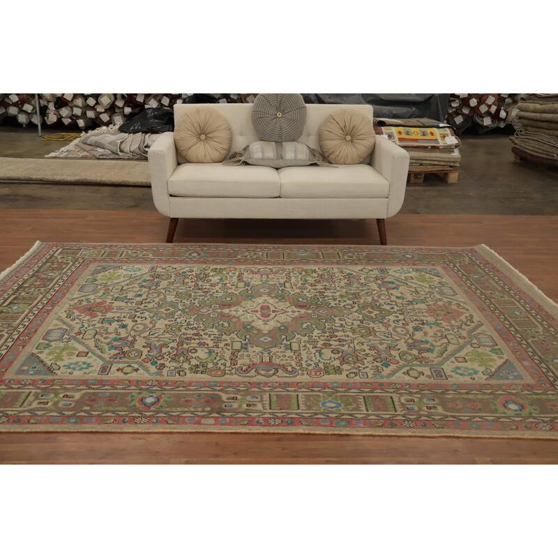 Hand Knotted Oriental 100% Wool Carpet Traditional Floral Beige & Ivories Tabriz Area Rug - 9' 9'' X 6' 4''