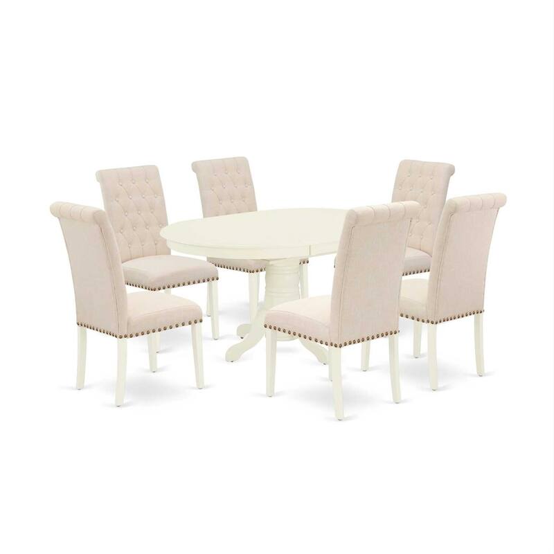 7Pc Dinette Set - Oval Kitchen Table with Butterfly Leaf & 6 Parson Chairs - Linen White & Beige - 60